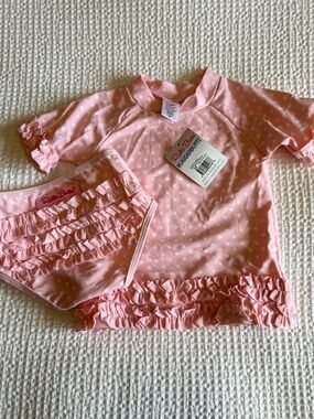 Ruffle Butts Pink and White Polka Dot Rash Guard Set